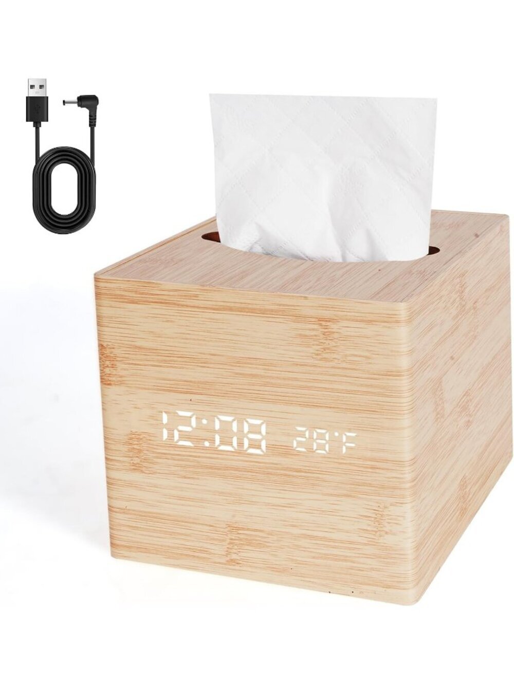 Home Cream Digital Cordless Alarm Temperature Display Wooden Tissue Box Clock
